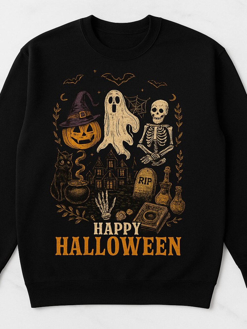 Happy Halloween Ghost Skeleton Pumpkin Black Cat Sweatshirt Black Crewneck Spook